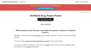 When will the patents on TAVNEOS expire, and when will generic TAVNEOS ... - tavneos manufacturer