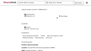 Material Handler/ 3rd Shift ***HMMA Plant*** - SimplyHired - hyundai motor manufacturer material alabama