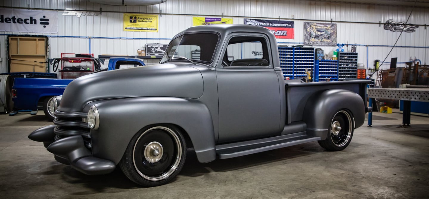 A relevant stock photo of 1949 chevy truck custom in a typical setting.