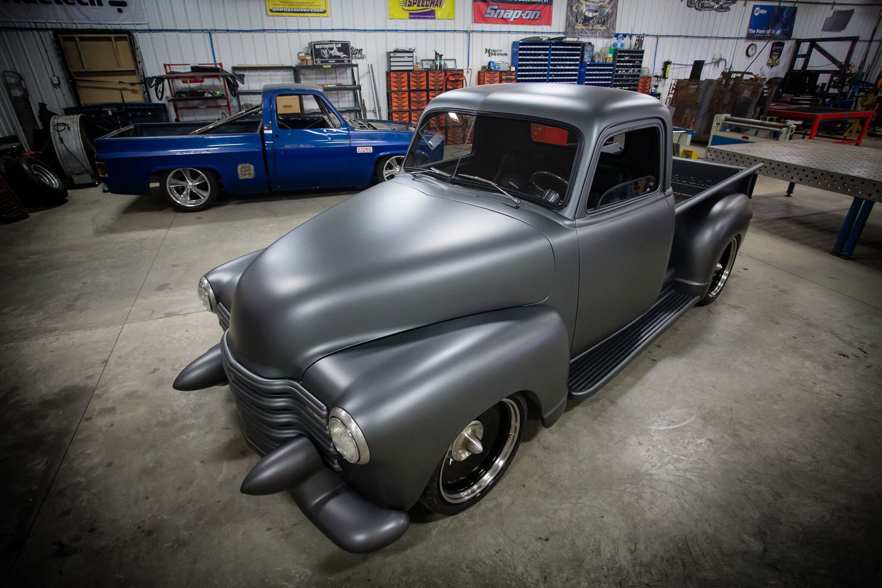 A relevant stock photo of 1949 chevy truck custom in a typical setting.