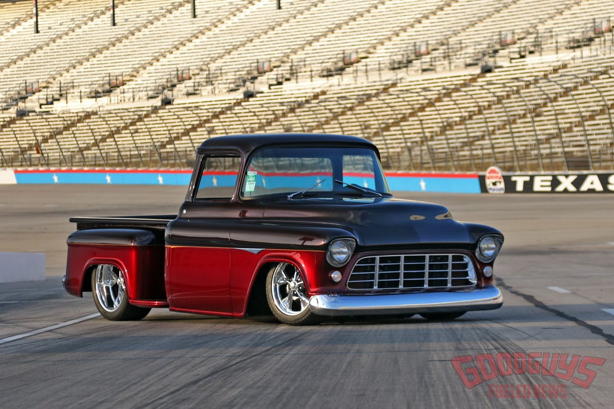 A relevant stock photo of 1955 chevy truck custom in a typical setting.