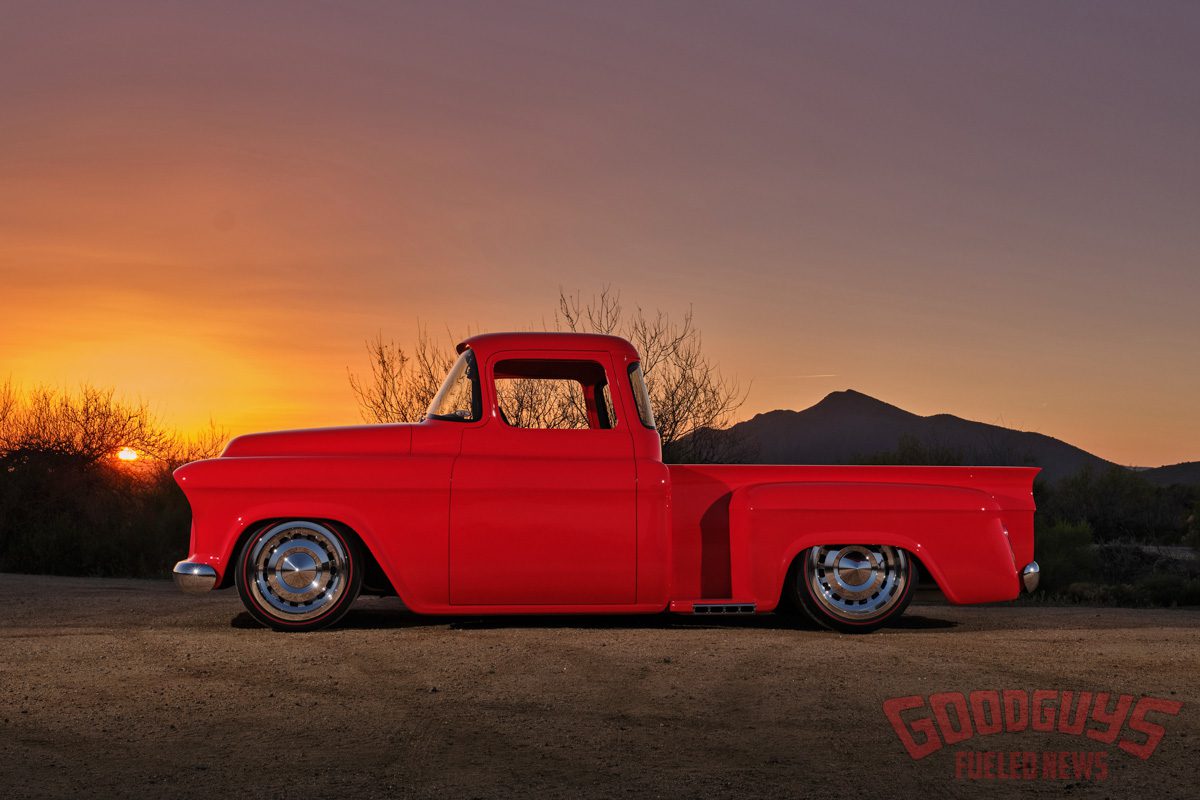 A relevant stock photo of 1956 chevy truck custom in a typical setting.