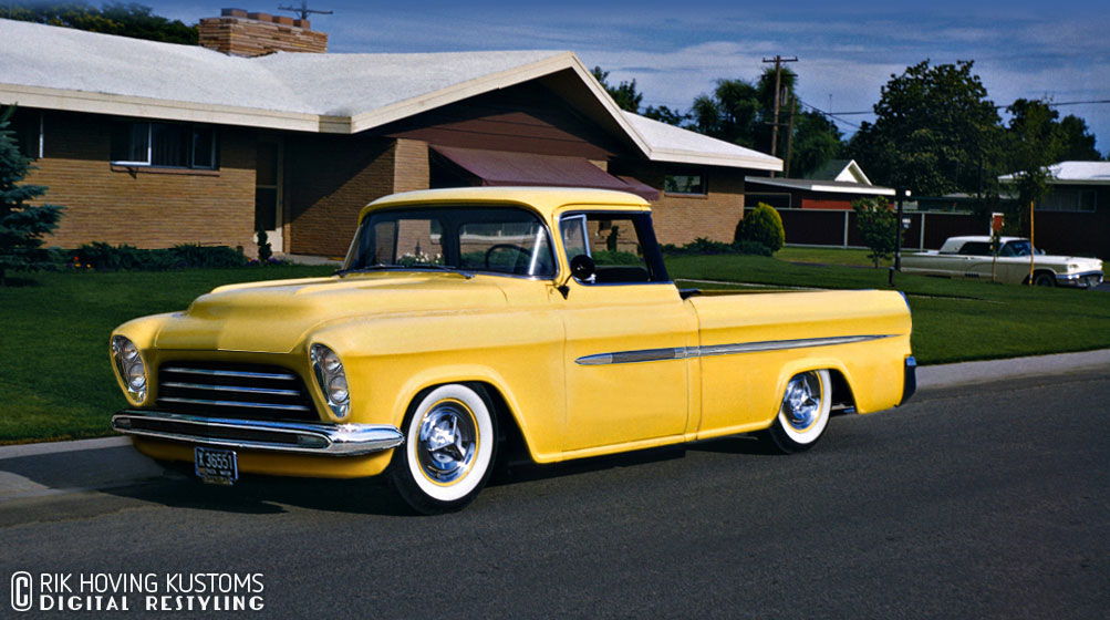 A relevant stock photo of 1957 chevy truck custom in a typical setting.