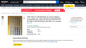 WAT 500 pcs CR1620 Bulk 3v Lithium Battery Compatible with 1620 ... - cr1620 bulk