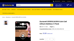 Duracell CR1616 DL1616 Coin Cell Lithium Battery - 1 Pack - cr1616 battery bulk