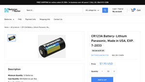 CR123A Battery- Lithium Panasonic, Made in USA, EXP. 7-2033 - cr123a lithium batteries bulk