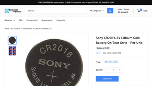 Sony CR2016 3V Lithium Coin Battery On Tear Strip - Per Unit - cr2016 bulk