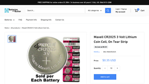 Maxell CR2025 3 Volt Lithium Coin Cell, On Tear Strip - cr2025 bulk
