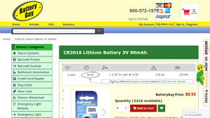 CR2016 Lithium Battery 3V 90mAh - BatteryGuy - cr2016 bulk