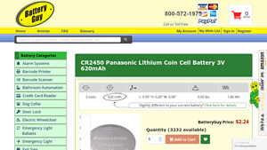 CR2450 Panasonic Lithium Coin Cell Battery 3V 620mAh - BatteryGuy - cr2450 battery bulk