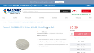 Panasonic CR2032 220mAh 3V Lithium (LiMnO2) Coin Cell Battery - 2032 battery bulk