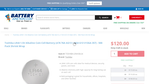 Toshiba LR44 1.5V Coin Cell Battery - 500 Pack - ag13 battery bulk
