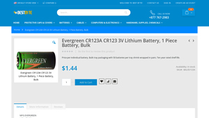 Evergreen CR123A CR123 3V Lithium Battery, 1 Piece Battery, Bulk - cr123a lithium batteries bulk