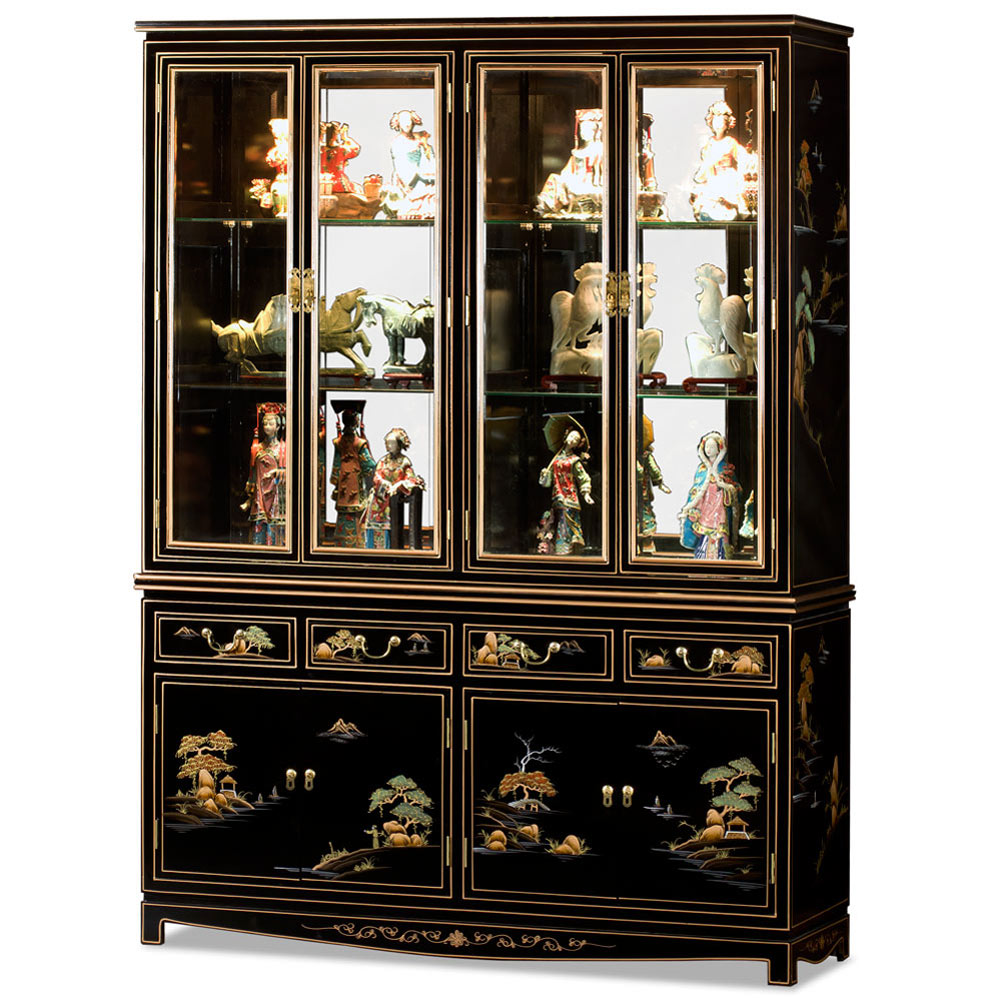 A relevant stock photo of black cabinet china in a typical setting.