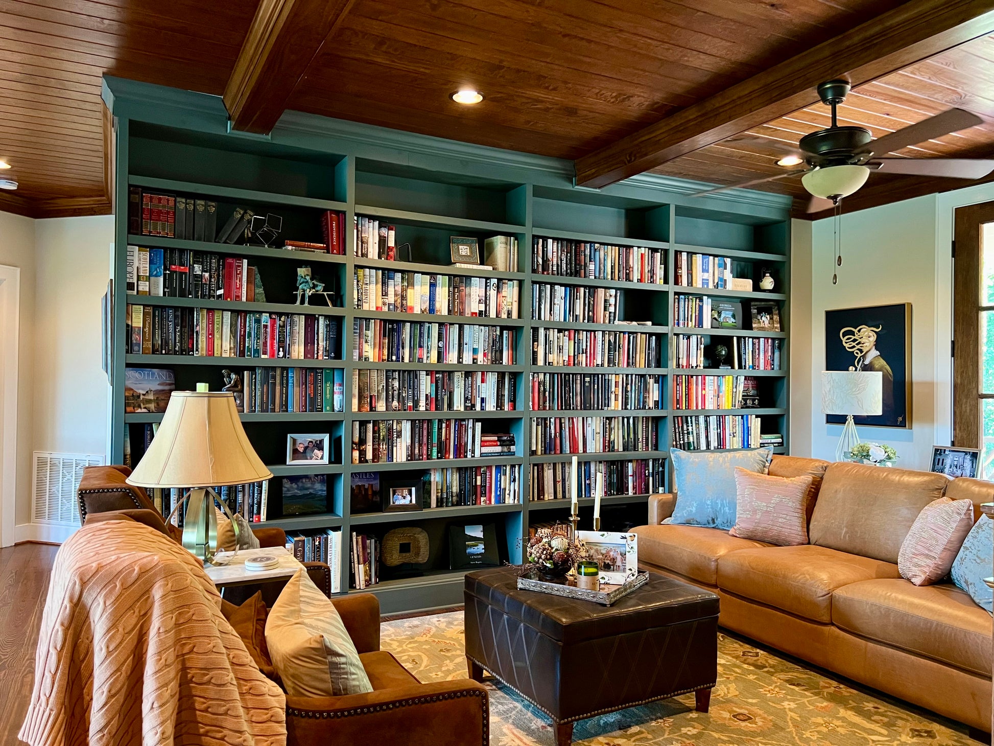 A relevant stock photo of bookshelves custom in a typical setting.