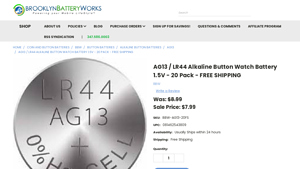 AG13 / LR44 Alkaline Button Watch Battery 1.5V - 20 Pack - FREE ... - ag13 battery bulk