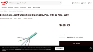 Belkin Cat6 1000ft Green Solid Bulk Cable, PVC, 4PR, 23 AWG, 1000 - cat6 bulk