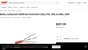 Belkin Cat5e/Cat5 1000ft Red Solid Bulk Cable, PVC, 4PR, 24 AWG ... - cat 5 cable bulk