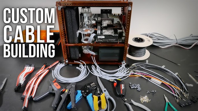 A relevant stock photo of computer cables custom in a typical setting.