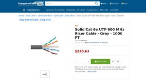 Solid Cat 6e UTP 600 MHz Riser Cable - Gray - 1000 FT - cat 6e cable bulk