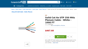 Solid Cat 6e UTP 350 MHz Plenum Cable - White - 1000 FT - cat 6e bulk