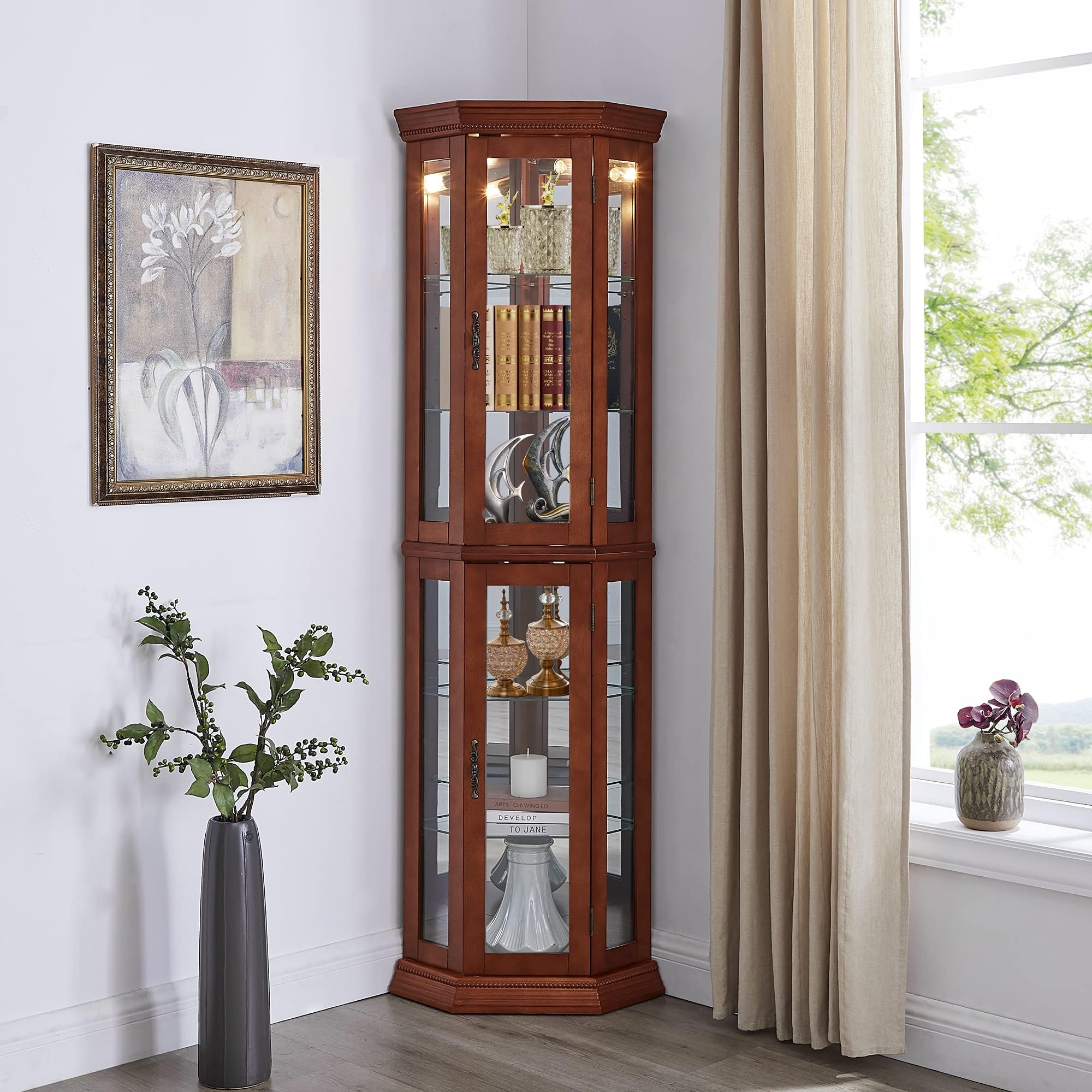 A relevant stock photo of corner cabinet china in a typical setting.