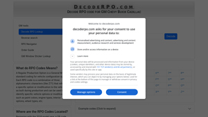 RPO Codes Decoder - GM Chevrolet Buick Cadillac - Regular Production Option - 1992 manufacturer code lookup