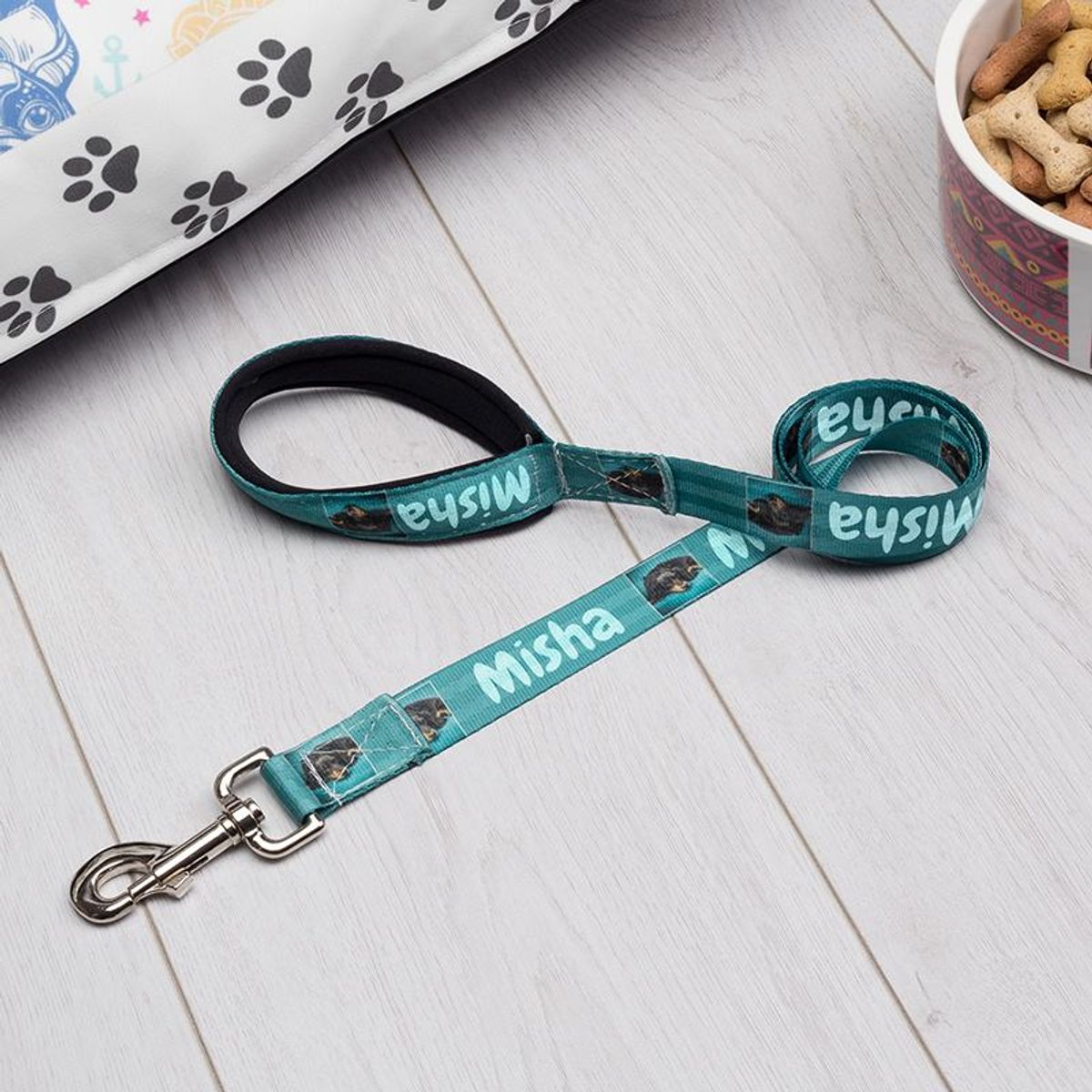 A relevant stock photo of dog leash custom in a typical setting.