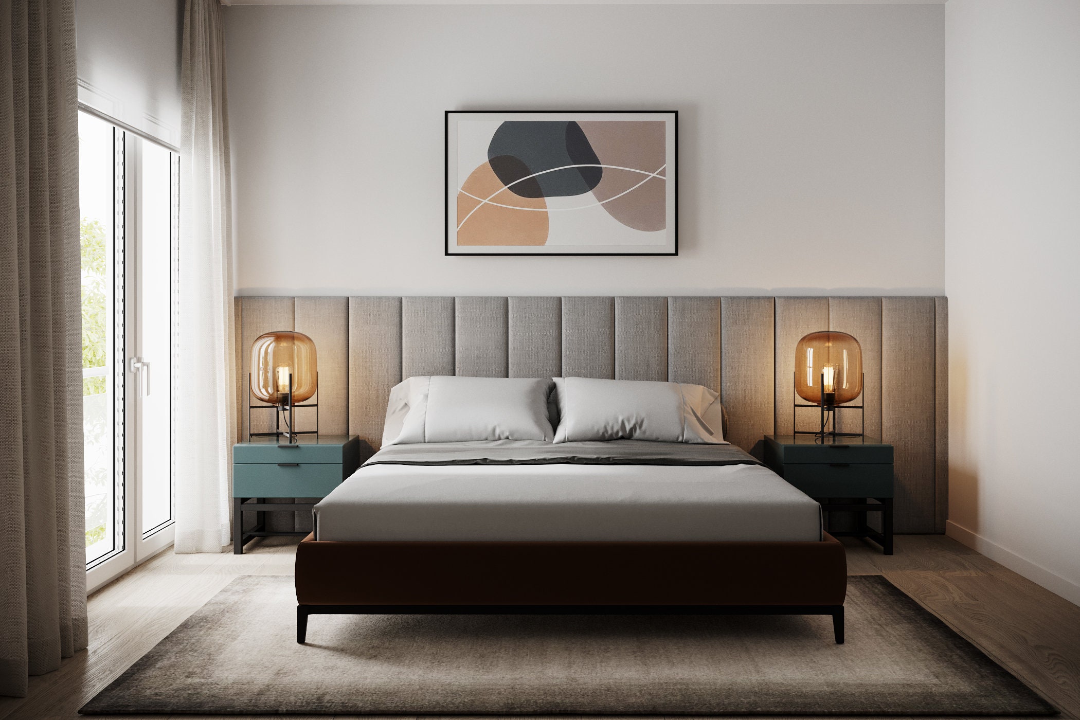A relevant stock photo of double headboard custom in a typical setting.