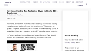 Keystone Closing Two Factories, Gives Notice to 300+ Employees - keystone rv manufacturer