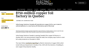 Volta Energy to open $750-million copper foil factory in Quebec - copper foil factory