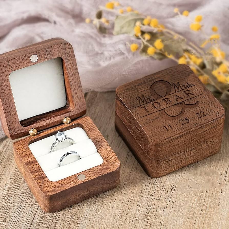 A relevant stock photo of engagement ring box custom in a typical setting.