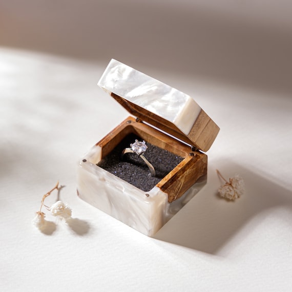 A relevant stock photo of engagement ring box custom in a typical setting.