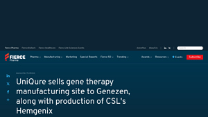 UniQure sells gene therapy manufacturing facility to Genezen - hemgenix manufacturer