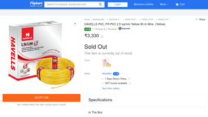 HAVELLS PVC, FR PVC 2.5 sq/mm Yellow 90 m Wire Price in India - havells wire factory