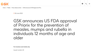 GSK announces US FDA approval of Priorix for the prevention of measles ... - mmr vaccine manufacturer