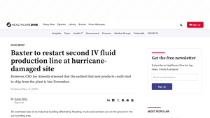Baxter to restart second IV fluid production line at hurricane-damaged ... - baxter manufacturer