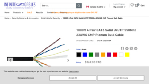1000ft 4 Pair CAT6 Solid U/UTP 550Mhz 23AWG CMP Plenum Bulk ... - cat 6 cable bulk
