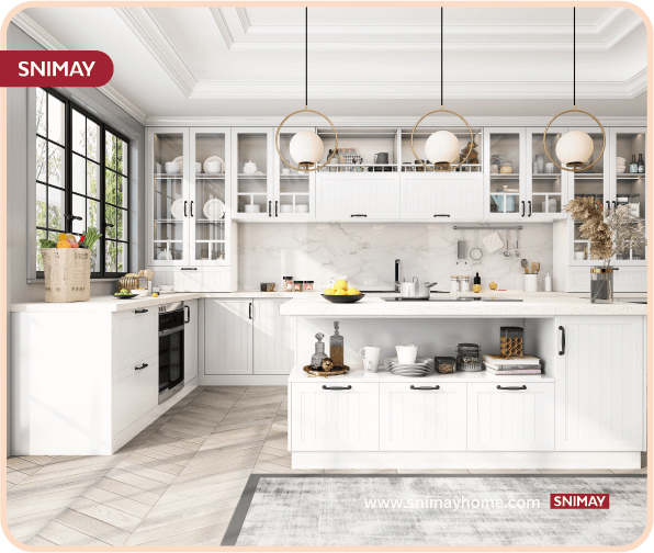 A relevant stock photo of kitchen cabinet china in a typical setting.
