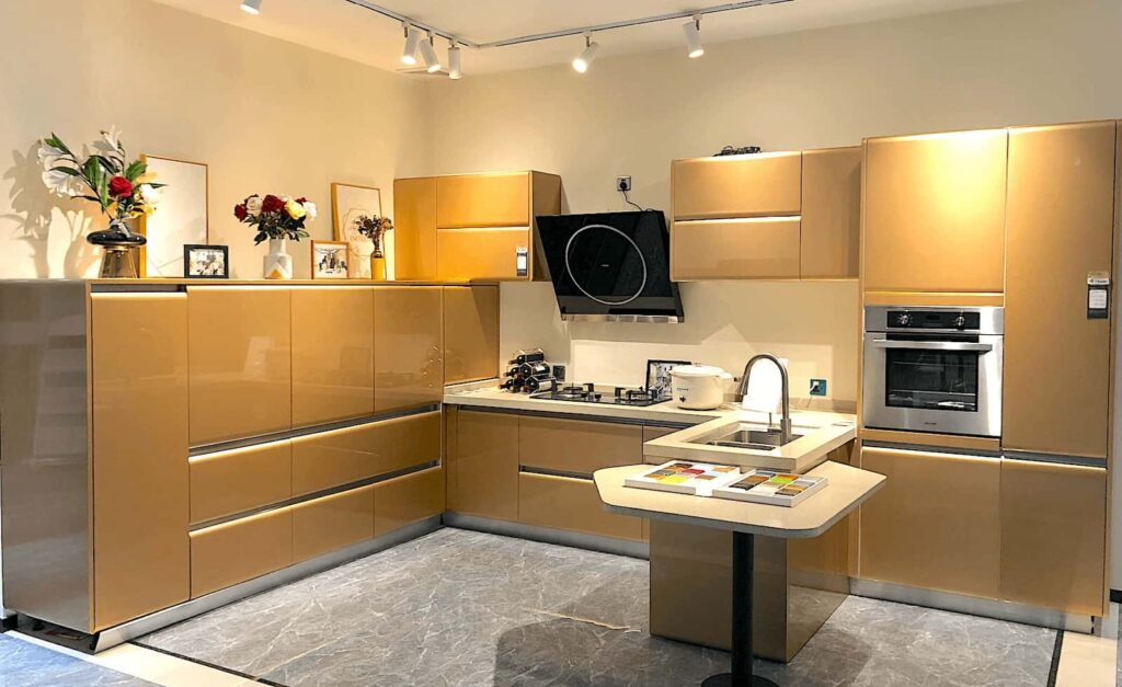 A relevant stock photo of kitchen cabinet china in a typical setting.