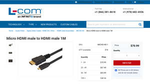 Micro HDMI male to HDMI male 1M - MICHD-HD-1 - micro hdmi cable bulk