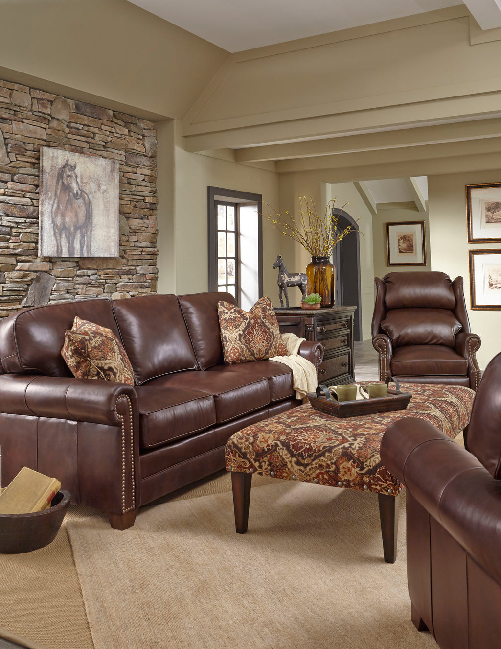 A relevant stock photo of leather sofa custom in a typical setting.