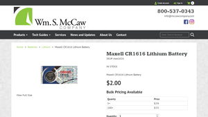 Maxell CR1616 Lithium Battery - McCaw Company - cr1616 bulk
