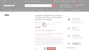 Energizer CR1620 Battery Lithium Coin Cell (1PC Blister Pack) - cr1620 bulk