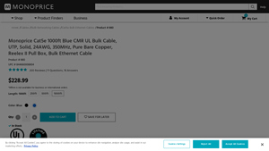 Monoprice Cat5e 1000ft Blue CMR UL Bulk Cable, UTP, Solid ... - cat5e bulk