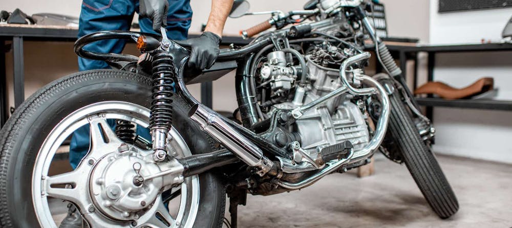A relevant stock photo of motorcycle parts custom in a typical setting.