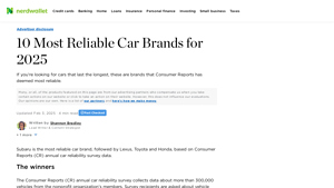 10 Most Reliable Car Brands for 2025 - NerdWallet - auto manufacturer reliability rankings