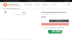 Gold RockStar Sunglasses (pack of 12) - One Way Novelties - gold sunglasses bulk