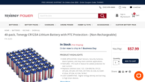 40-pack, Tenergy CR123A Lithium Battery with PTC Protection - 123 battery bulk
