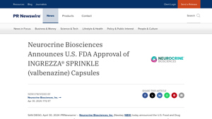 Neurocrine Biosciences Announces U.S. FDA Approval of INGREZZA ... - ingrezza manufacturer